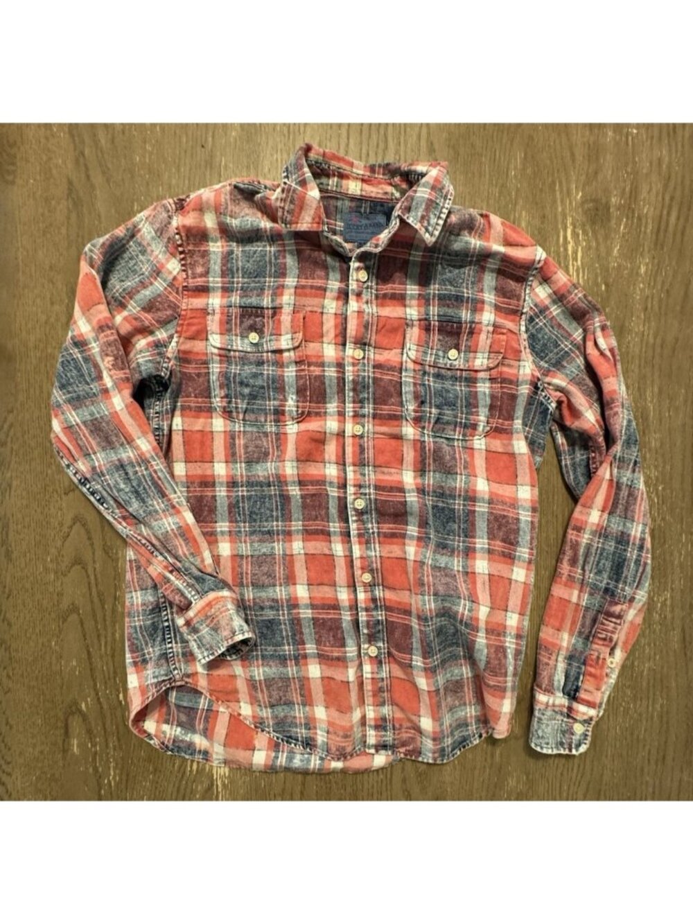 Lucky Brand Men Medium Indigo Plaid Western Long Sleeve Red Blue Flannel Washed